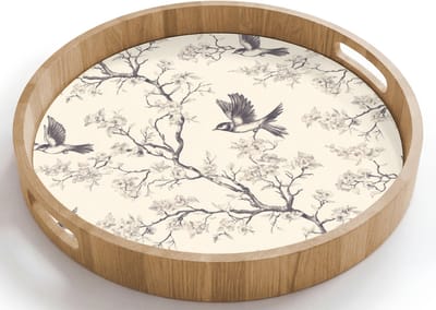Dienblad rond 40x40 cm - Schootdienblad hout - Takken - Vogels - Beige - Borrelplank rechthoek - Plateau houten dienbladen