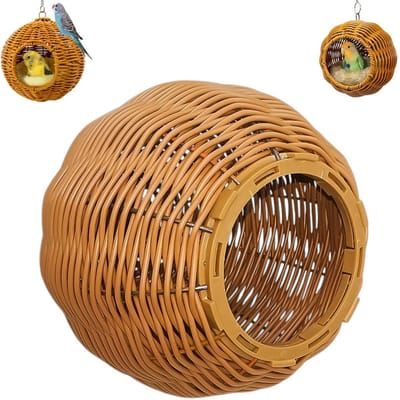Vogelnest van draad en rotan - hangend vogelnest - imitatie rotan slaapnest voor papegaaien - kleine papegaaienhangmat - ademend en comfortabel - geschikt voor kleine vogels of andere kleine dieren - bruin