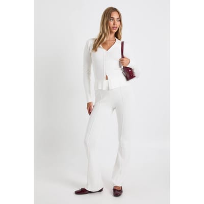 boohoo Dames Naaddetail: knop door gebreide top en uitlopende broekset | Cream | Maat: Small