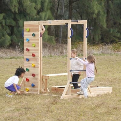 AXI Dex Klimtoestel Bruin – Met Zandbak, Picknicktafel en Monkey Bars, Houten Klimrek met Klimwand, Speeltoestel met Zandbak - FSC 100% hout – Klein speeltoestel voor de tuin / buiten