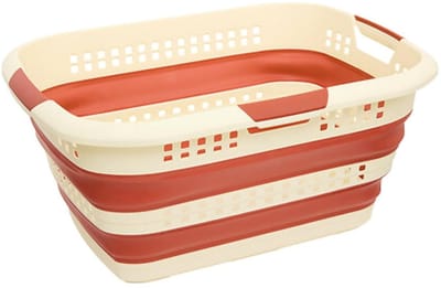 5Five wasmand - opvouwbaar - kunststof - 70 Liter - terra bruin/wit - 60 x 44 x 28 cm - met handvatten - huishouden / camping