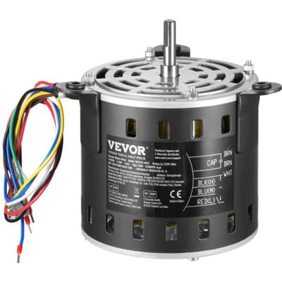 VEVOR 1/3 HP ventilatormotor, 220 V, 1,95 A, 1250 tpm, 3 snelheden (750/950/1250 tpm), asdiameter 10 mm, aslengte 20 mm, rood. Linksom draaiend vanaf het uiteinde van de as, incl. CBB60 15 μF / 450 V condensator