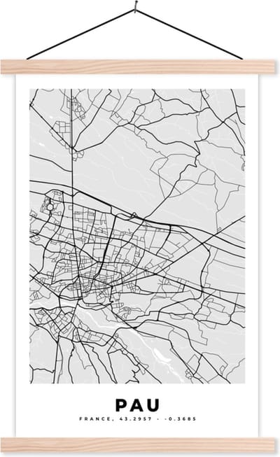 Posterhanger incl. Poster 40x60 cm - Schoolplaat - Stadskaart - Frankrijk - Kaart - Pau - Plattegrond - Textielposter - Blanke latten - Stadskaart