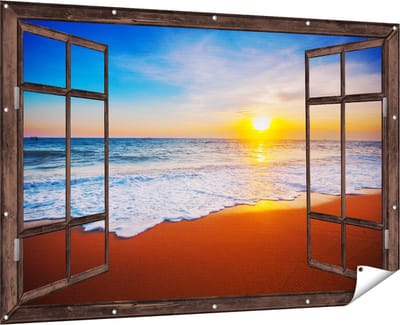 Gards Tuinposter Doorkijk Strand en Zee tijdens Zonsondergang - 180x120 cm - Tuindoek - Tuindecoratie - Wanddecoratie buiten - Tuinschilderij