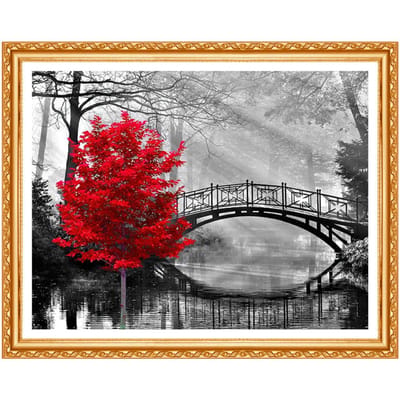5D Doe-het-zelf Diamantschilderij  rode Boom en Brug  Borduurwerk Volledig Rond Diamant Kruissteek Decoratie Cadeau 20X30CM gray