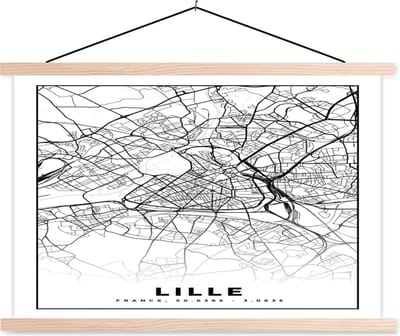 Posterhanger incl. Poster 90x60 cm - Schoolplaat - Plattegrond - Lille - Kaart - Frankrijk - Stadskaart - Zwart wit - Textielposter - Blanke latten - Stadskaart