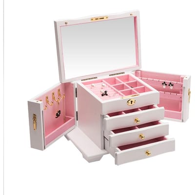 Grote Houten Sieraden Opbergdozen Met Slot Sleutel Sieradenkisten Ringen Oorbellen Armbanden Organizer wit
