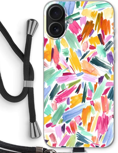 Case Company® - Hoesje met koord geschikt voor iPhone 16 Plus hoesje met Koord - Watercolor Brushstrokes - Telefoonhoesje met Zwart Koord - Bescherming aan alle Kanten en Over de Schermrand