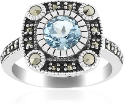 Cavill - Ring 925 Sterling Zilver met Hemelblauwe Topaas 0,89 ct en 18 Marcasieten 1,16 ct - Elegant Rond Slijpsel - Klassiek Sieraad