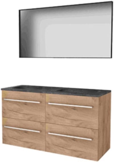 Basic-Line Framed 46 Badkamermeubelset - 120 x 46 cm - Met Grepen - 4 Lades - Hardstenen Wastafel - 2 Kraangaten - Spiegel met Zwart Aluminium Frame - Whisky Oak