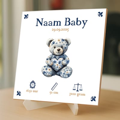 Gepersonaliseerde Baby Tegeltje – Met Naam, Geboortedatum, Gewicht, Lengte en Tijd – Blauw Beertje