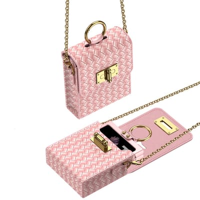Casemania Telefoontasje Geschikt voor de Samsung Galaxy Z Flip Series (7/6/5/4/3) - Pale Pink - Luxe Kunstlederen Tasje met Gevlochten Uitrstaling - Beschermingtas met Pasjeshouder en Crossbody Lanyard