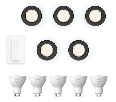 Philips Hue Peridot Set van 5 Inbouwspots (Zwart) - Rond - Niet Richtbaar - GU10 - Warmwit Licht - Incl. Hue Dimmer Switch - Hue White