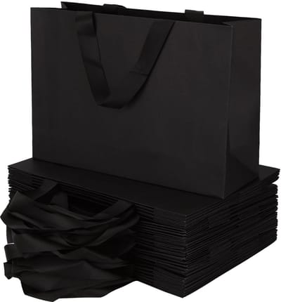 Dailygoods- Geschenkzakjes 25 Stuks - Zwarte Cadeautas - Kartonnen Zakjes - 32 x 22 x 10 cm - Herbruikbaar - Met Handvat - Duurzaam Materiaal