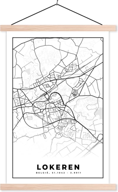 Posterhanger incl. Poster 40x60 cm - Schoolplaat - België – Lokeren – Stadskaart – Kaart – Zwart Wit – Plattegrond - Textielposter - Blanke latten - Stadskaart