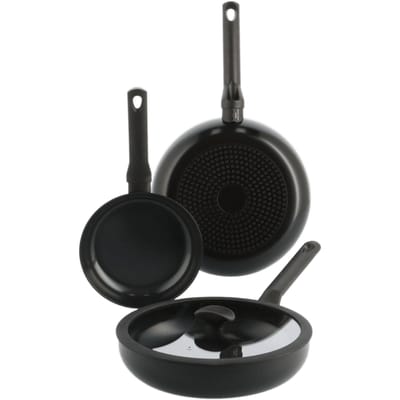 BK Enjoy Pannenset 3-delig - 20/28cm - 3.4L - PFAS-vrije antikleeflaag – Pannenset inductie – Keramische pan - Ovenbestendig tot 160°C – Hapjespan 28cm met deksel - Koudgrepen - Zwart