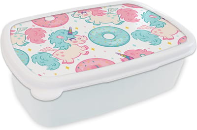 Broodtrommel Wit - Lunchbox - Brooddoos - Eenhoorn - Donut - Baby - 18x12x6 cm - Volwassenen