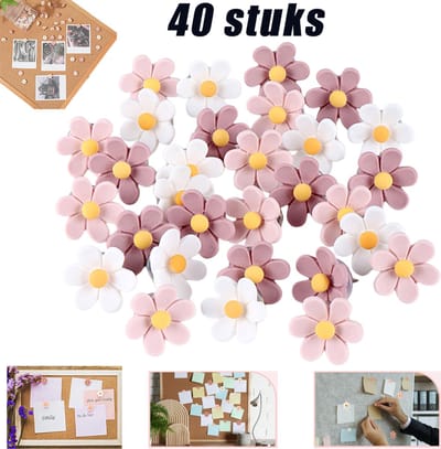 40 stuks Punaises met bloem - Bloem Spelden - Decorative Flower Thumbtacks - Punaises - Spelden met een grote kop - Aansteekspelden Bloem - Creatieve punaises - perfect voor het decoreren van fotowanden kantoren en scholen