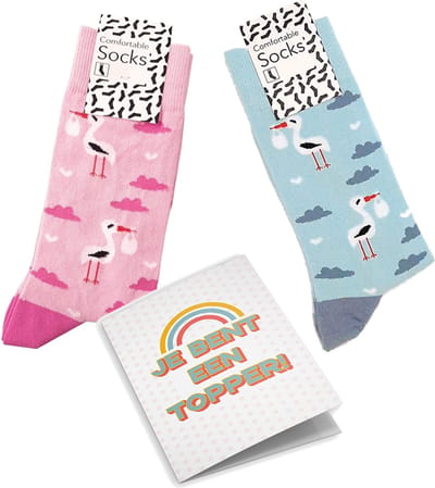 Cadeau Setje Kraamverzorgster Ooievaar Sokken | Bedankje kraamhulp | Vrolijke ooievaar zorgsokken roze en blauw + kaart je bent een topper