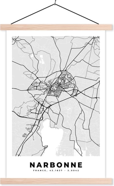 Posterhanger incl. Poster 40x60 cm - Schoolplaat - Stadskaart - Frankrijk - Kaart - Narbonne - Plattegrond - Textielposter - Blanke latten - Stadskaart