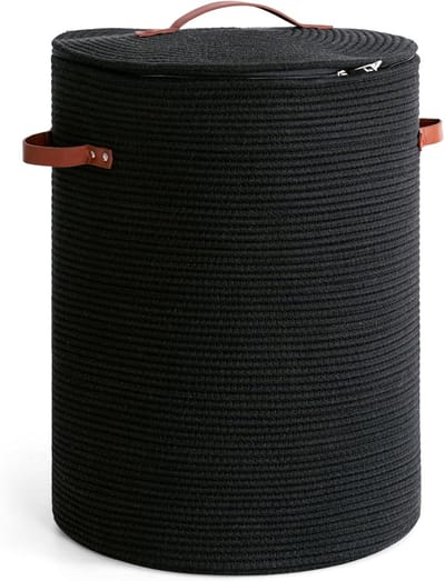 Omgoods - Hoge Wasmand met Deksel, Zwarte Opbergmand 38 x 50 cm