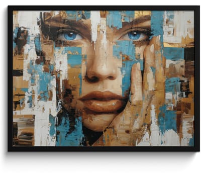 Poster in lijst - Fotolijst 80x60 cm - Posters - Abstract - Penseelstreken - Blauw - Gezicht - Posterlijst zwart - Decoratie - Wanddecoratie woonkamer - Muurdecoratie slaapkamer