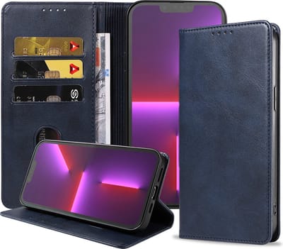 Smartphonica iPhone 13 Pro kunstleren hoesje met magnetische sluiting en pashouders book case - Blauw geschikt voor iPhone 13 Pro