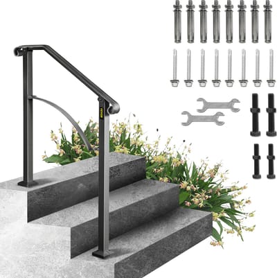 VEVOR Smeedijzeren Leuning 2-3 Treden Trap Leuning 37 cm Smeedijzeren Leuning Rail Afstand Tussen Palen 71 cm Outdoor Indoor Trapleuning voor Tuinen Woongebouwen Commerciële Kantoorgebouwen Zwart