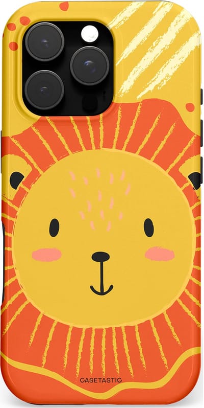 Casetastic hoesje geschikt voor Apple iPhone 16 Pro - MagSafe - Dubbellaagse bescherming - Vrolijke leeuw - Fashion Case - Goud Rood Oranje