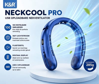 K&R NeckCool Pro - USB Oplaadbare Nekventilator - 100 Snelheden - 360° Luchtstroom - Digitaal Display - Fluisterstil - Blauw