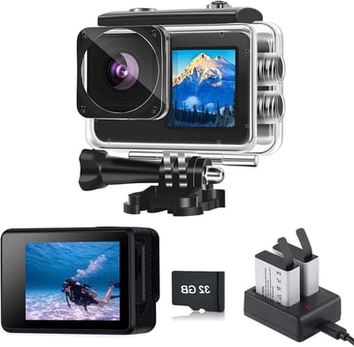 SnelShoppen - Dual Screen Action Camera 1080P met 32GB Geheugen, Waterproof, 4x Zoom, Ideaal voor Kinderen en Beginners, Perfect voor Feest, Camping e