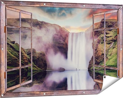 Gards Tuinposter Doorkijk Waterval met een Weerspiegeling in het Water - 120x80 cm - Tuindoek - Tuindecoratie - Wanddecoratie buiten - Tuinschilderij