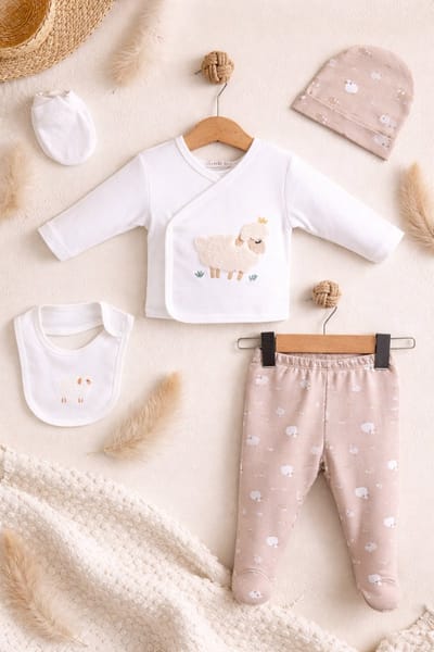 Blijeitje - Babykleding Set 5-Delig Schaapje – Newborn Baby Kleding Unisex – Shirt, Broek, Muts, Slab & Handschoentjes – Zacht Katoen – Beige/Wit