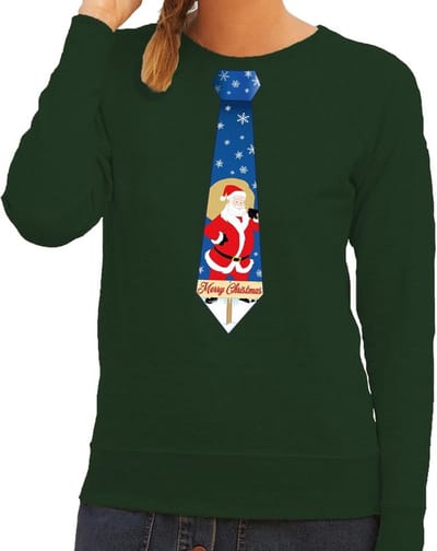 Foute kersttrui / sweater stropdas met kerstman print groen voor dames XS