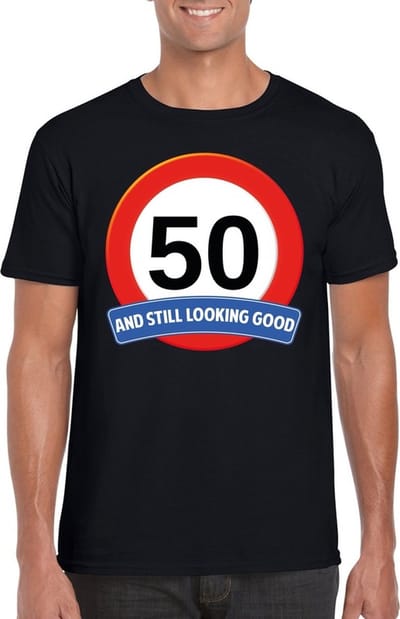 50 jaar and still looking good - t-shirt met verkeersbord print - zwart - voor heren - verjaardag cadeau - party - feestartikelen 50 jarige S