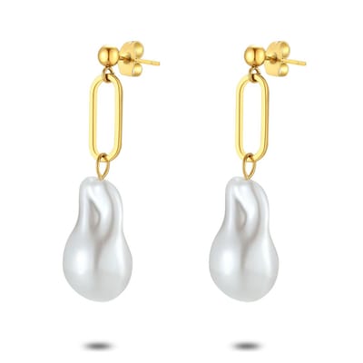 Twice As Nice Oorbellen in goudkleurig edelstaal, ovale ring met zoetwaterparel