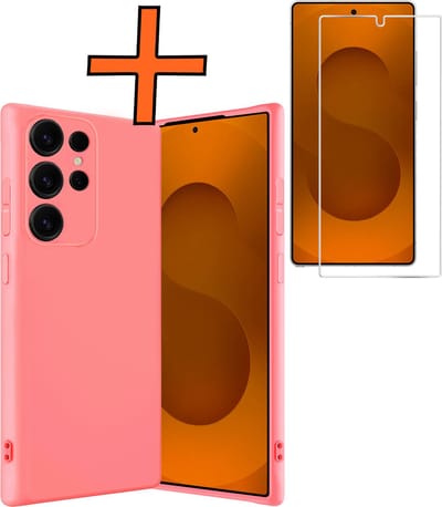 Hoes - Met Screenprotector - Geschikt voor Samsung Galaxy S25 Ultra - Sterk & Shockproof - Back Cover - Siliconen Case - Telefoon Hoes - Licht Roze