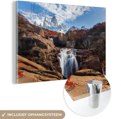 ® Glasschilderij 180x120 cm - Schilderij acrylglas - Gebergten en watervallen tijdens de herfst in het Nationaal park Los Glaciares in Argentinië - Foto op glas - Muurdecoratie woonkamer - Wanddecoratie slaapkamer - Schilderijen