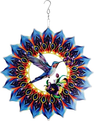 Stalen Wind Spinner met 3D Kolibrie en Mandala Ontwerp, Tuinornament voor Balkon en Raamdecoratie, 30 cm