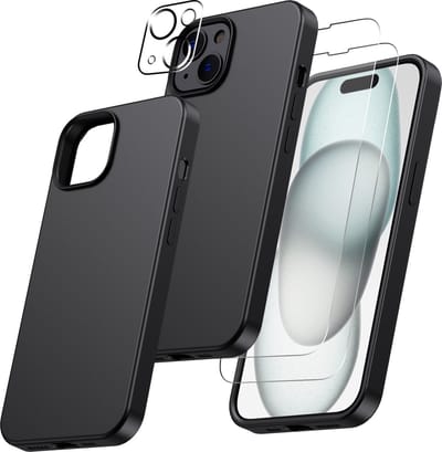 Hoesje Geschikt voor iPhone 15 Plus – Zacht siliconen liquid backcover met 2x screenprotector gehard glas en 1x lens protector – Zwart