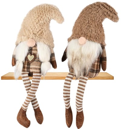Dekoratief | Pop gnoom m/hangbeentjes, bruin/beige, stof, 7x7x35cm, set van 2 stuks | A255522