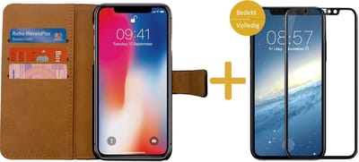 Hoesje Kunstlederen Bookcase geschikt voor Apple iPhone Xs / X + Screenprotector Volledig Dekkend - Portemonnee Wallet Zwart van iCall