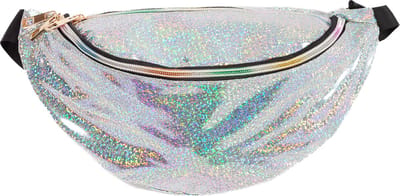 KIMU® Grote Holografische Glitters Zilver Heuptas Breed - Fanny Pack Met Twee Vakken - Zwarte Band - Tasje Heuptasje Zilveren Festival