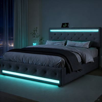 Opbergbed 140x200 cm – Grijs Linnen Tweepersoonsbed met LED-verlichting, 4 Lades en USB-oplaadstation