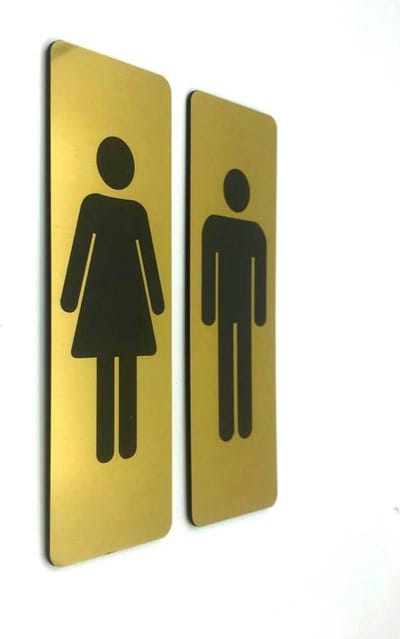 Deurbordje Toilet - WC bordjes - Tekstbord WC - Toilet bordje - WC - Bordje - Heren Dames Toilet - Man Vrouw - Geborsteld Goud Look - Pictogram - Set van 2 - incl. 3M-tape plakstrip - 5 cm x 15 cm x 1,6 mm - 5 Jaar Garantie