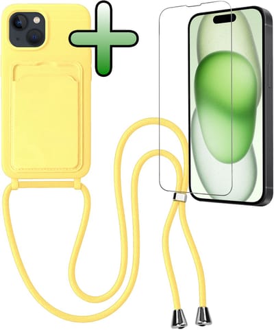 Hoes Geschikt voor iPhone 15 Plus Hoesje Pas Houder Case Hoes Met Koord Met Screenprotector - Hoesje Geschikt voor iPhone 15 Plus Hoes Met Telefoonkoord Pasjeshouder Cover - Geel