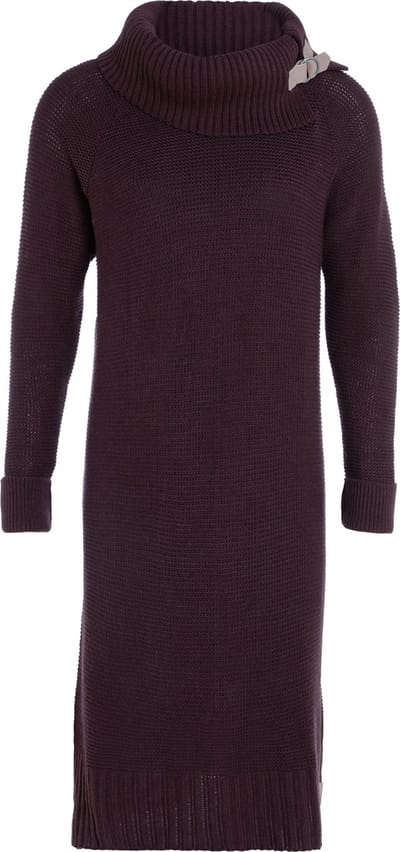 Knit Factory Jamie Gebreide Dames Jurk - Trui jurk dames - Wollen jurk - Herfst- & winterjurk - Wijde jurk - Met warme opstaande kraag - Aubergine - 36/38 - Knielengte