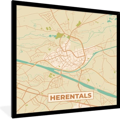 Fotolijst incl. Poster - Vintage - Plattegrond - Herentals - Kaart - Stadskaart - 40x40 cm - Posterlijst