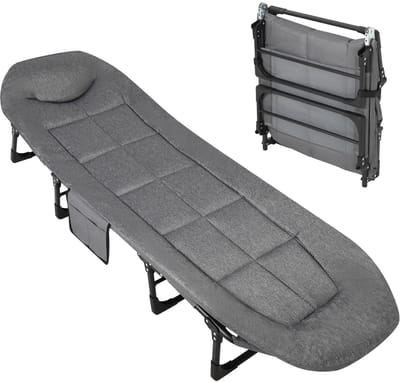 Novendo Goods - Campingbed inklapbaar met kussen en verstelbare rugleuning - Veldbed 200 kg draagvermogen met stalen frame en zijvak - Camping ligbed