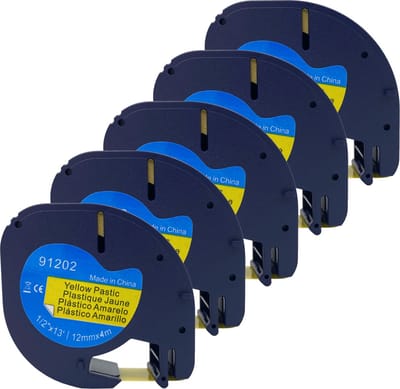 DULA - Dymo LetraTag 91202 - S0721620 - Label Tape - Zwart op Geel plastic - 12mm x 4m - 5 Stuks